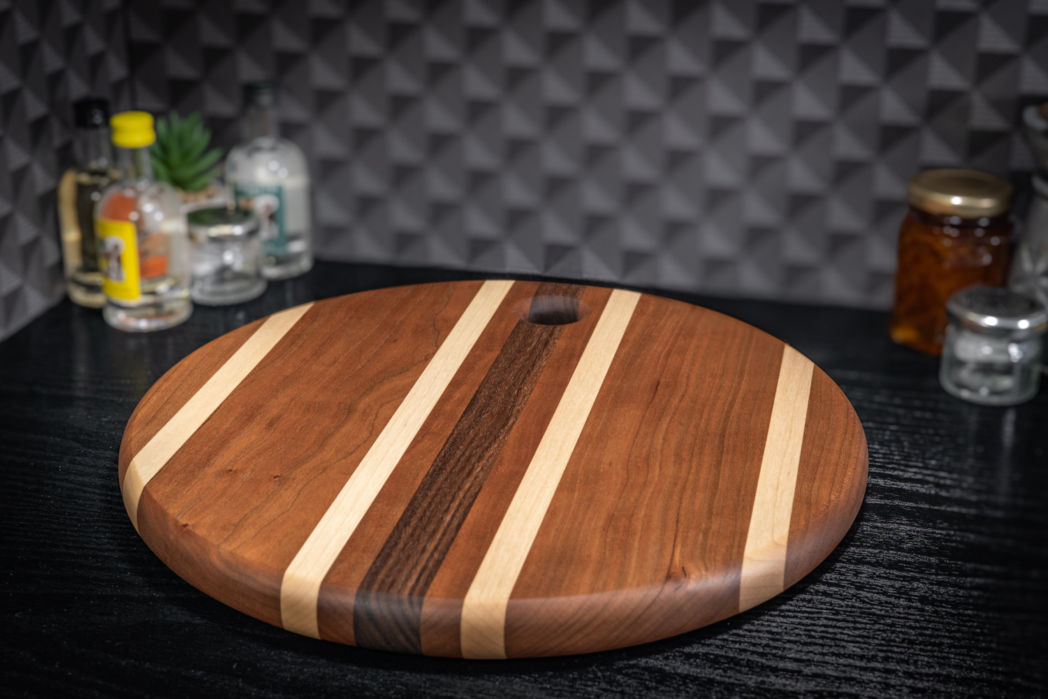 Round Cherry, Walnut and Maple Cutting Board