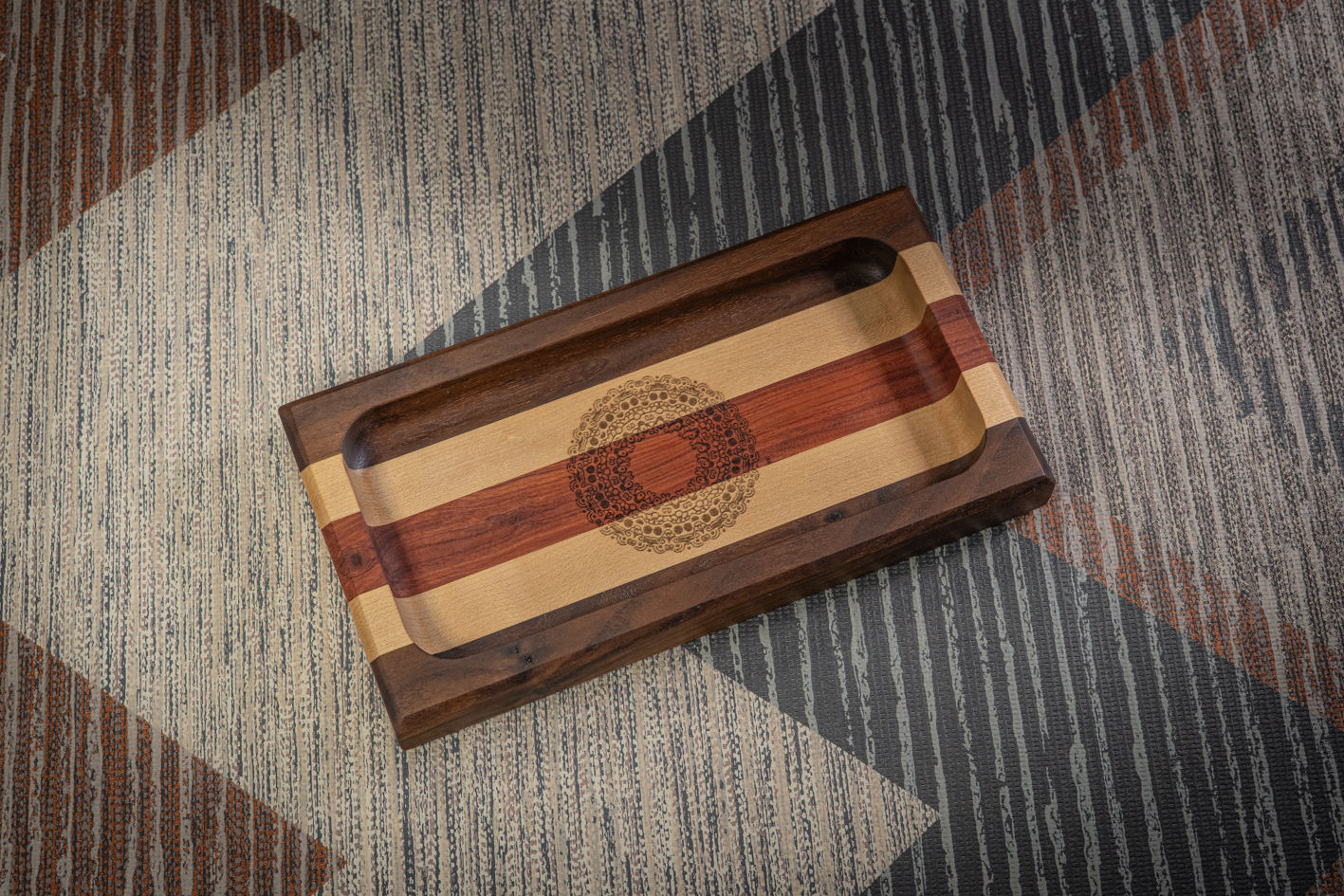 Engraved Walnut, Maple and Rosewood Trinket Tray