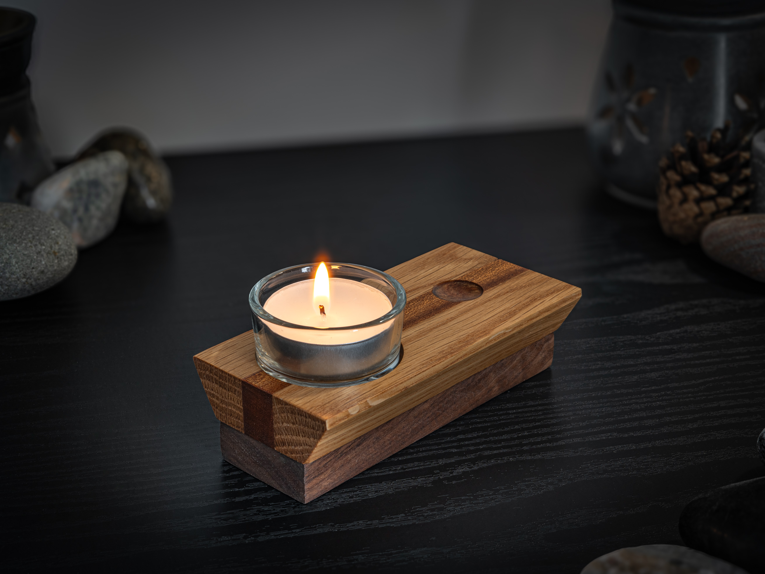 Hardwood & Glass Striped Tea Light Candle Holder With Copper Resin Accent