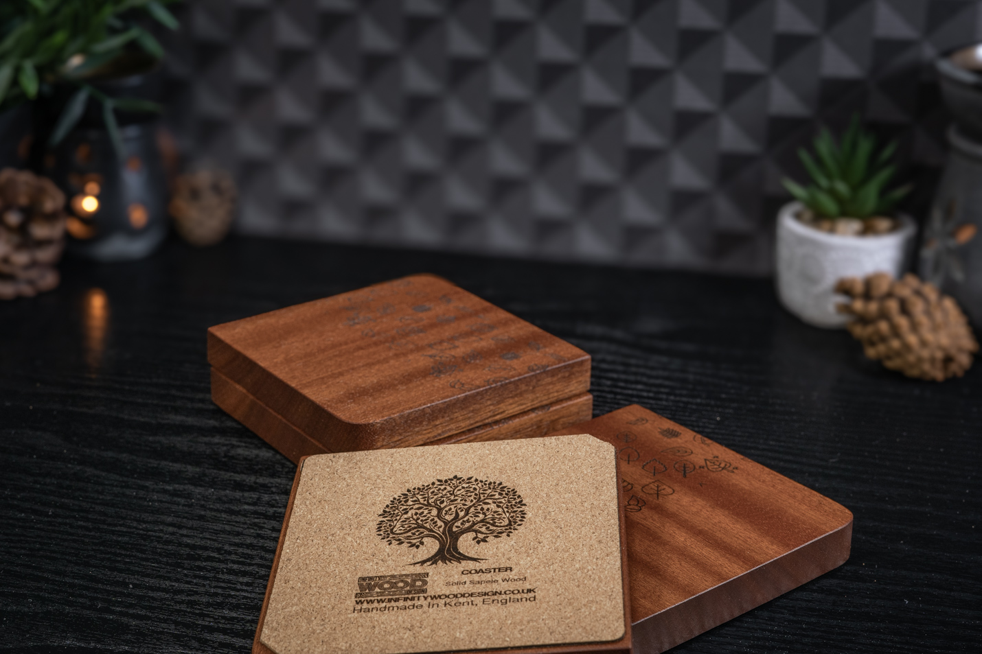 4 x Falling Leaves Engraved Solid Sapele Coasters