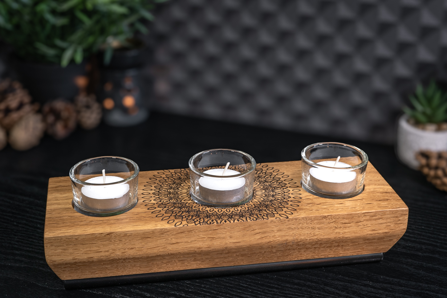 Mandala Engraved Solid Oak Tea Light Candle Holder 