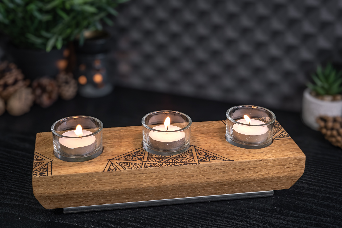 Split Mandala Engraved Solid Oak Tea Light Candle Holder 