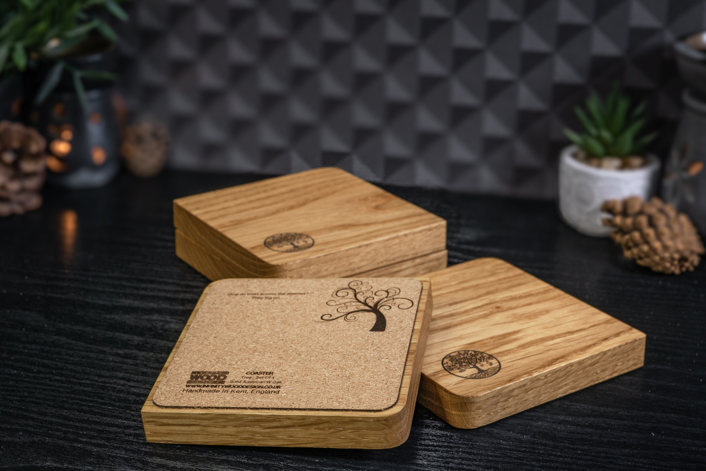 4 x Tree Engraved Solid Oak Coasters