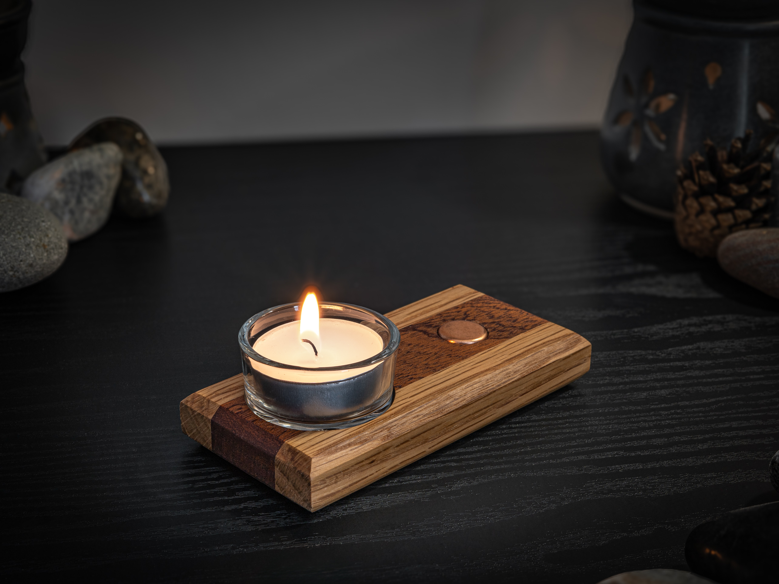 Hardwood & Glass Striped Tea Light Candle Holder With Copper Accent