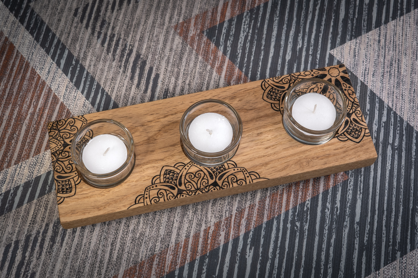 Split Mandala Engraved Solid Oak Tea Light Candle Holder 