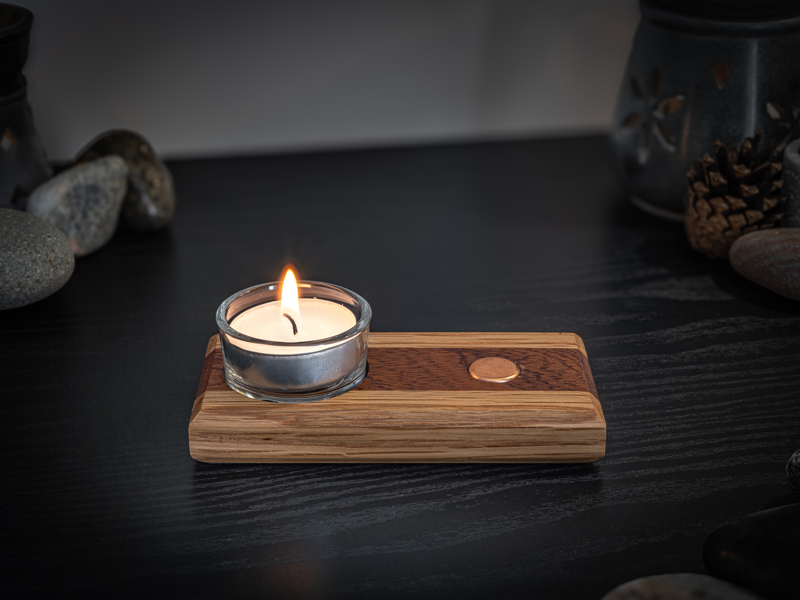 Hardwood & Glass Striped Tea Light Candle Holder With Copper Accent