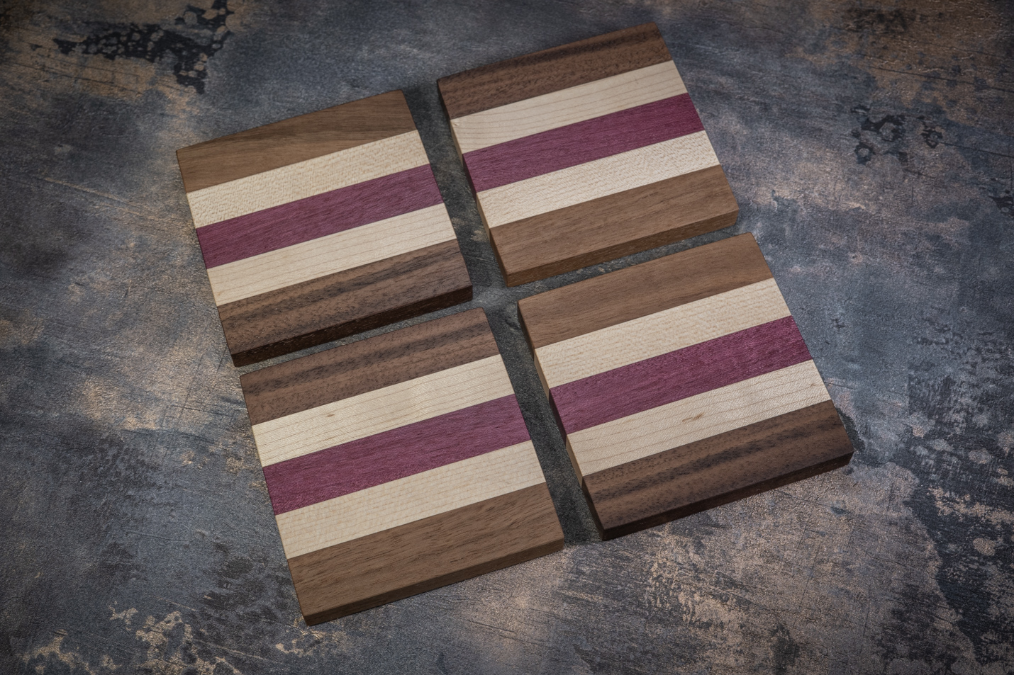 4 x Walnut, Maple & Purpleheart Coasters