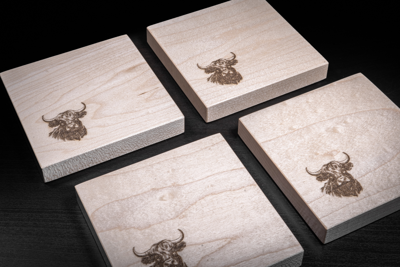 4 x Maple Highland Cow Engraved Coasters