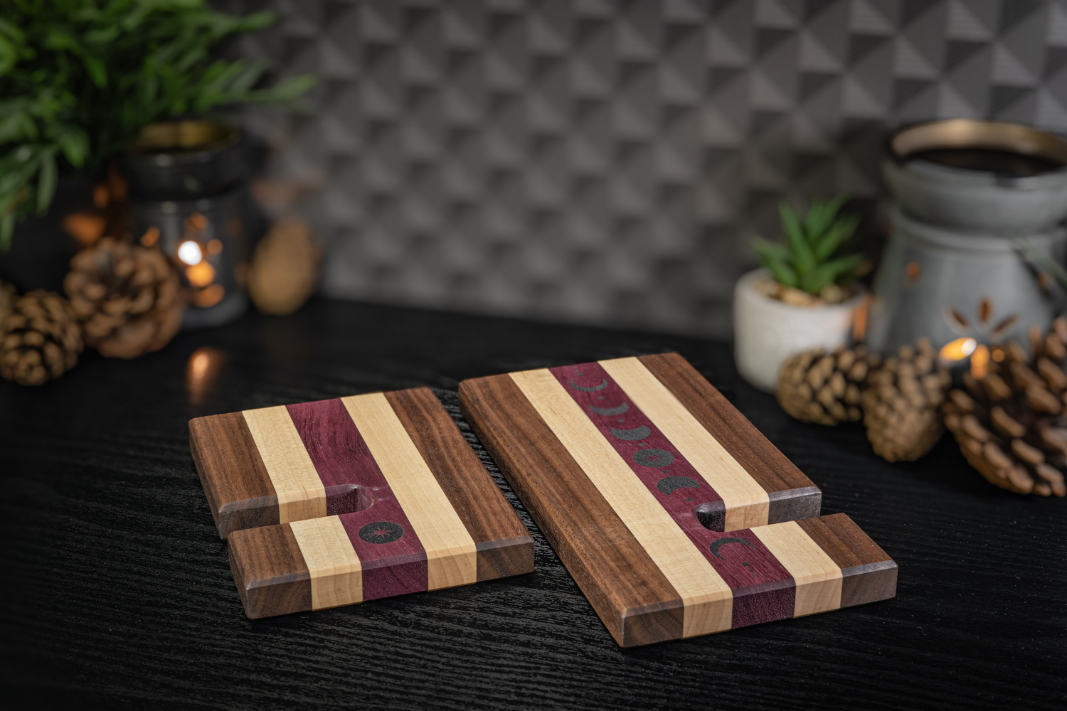 Moons Engraved Walnut, Maple and Purpleheart Phone Stand
