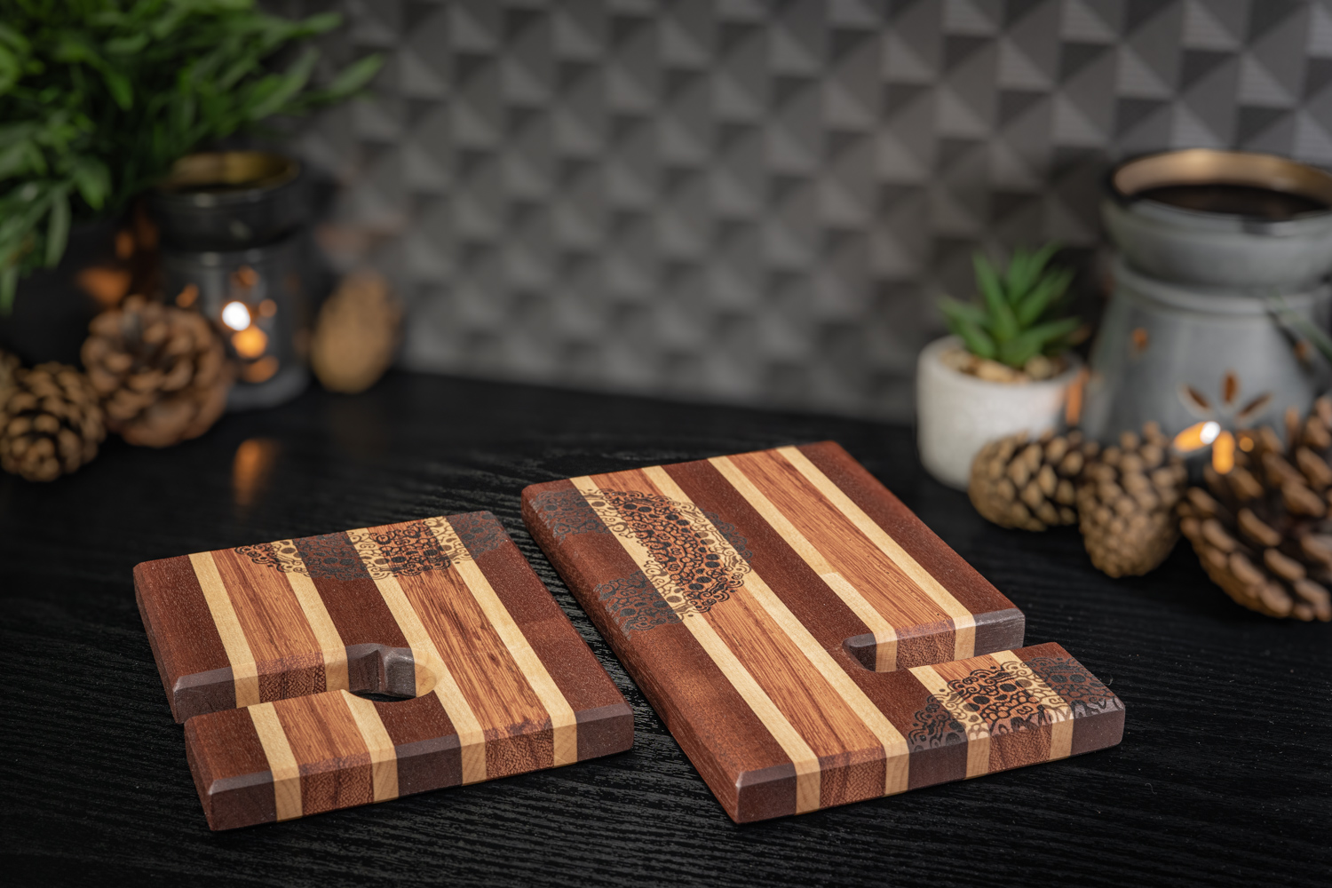 Mandala Engraved Sapele, Maple and Ebiara Phone Stand