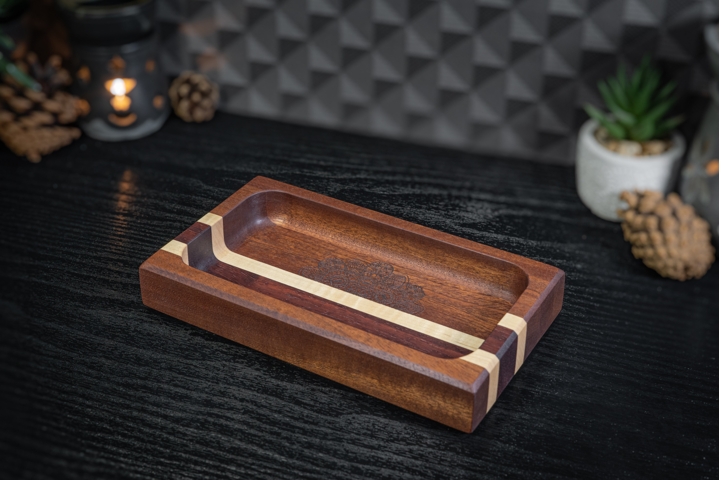 Engraved Sapele, Maple and Padauk Trinket Tray