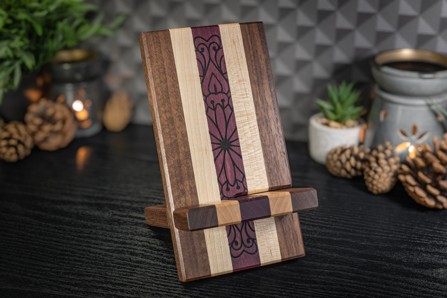 Flower Engraved Walnut, Maple and Purpleheart Phone Stand