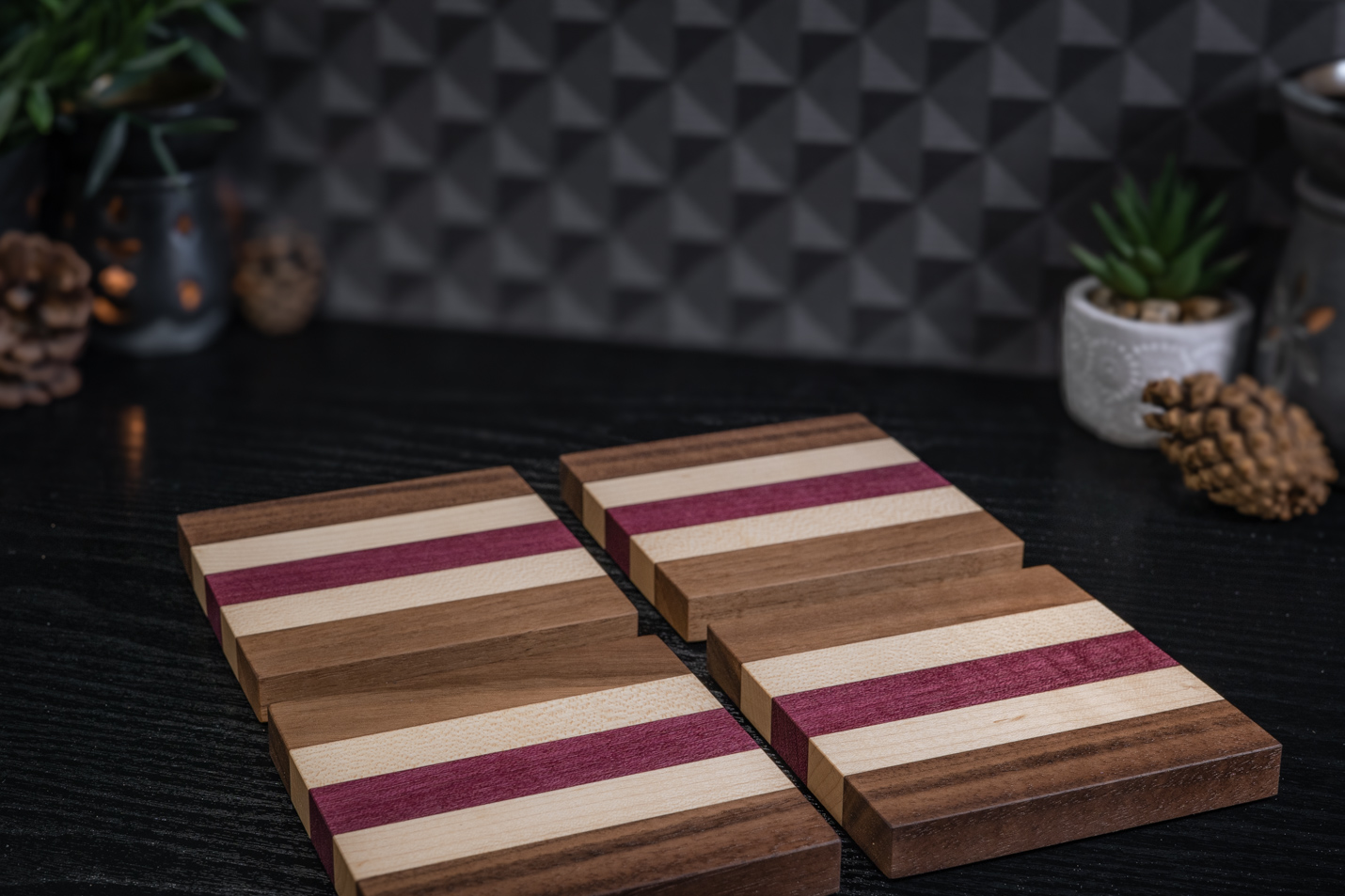 4 x Walnut, Maple & Purpleheart Coasters