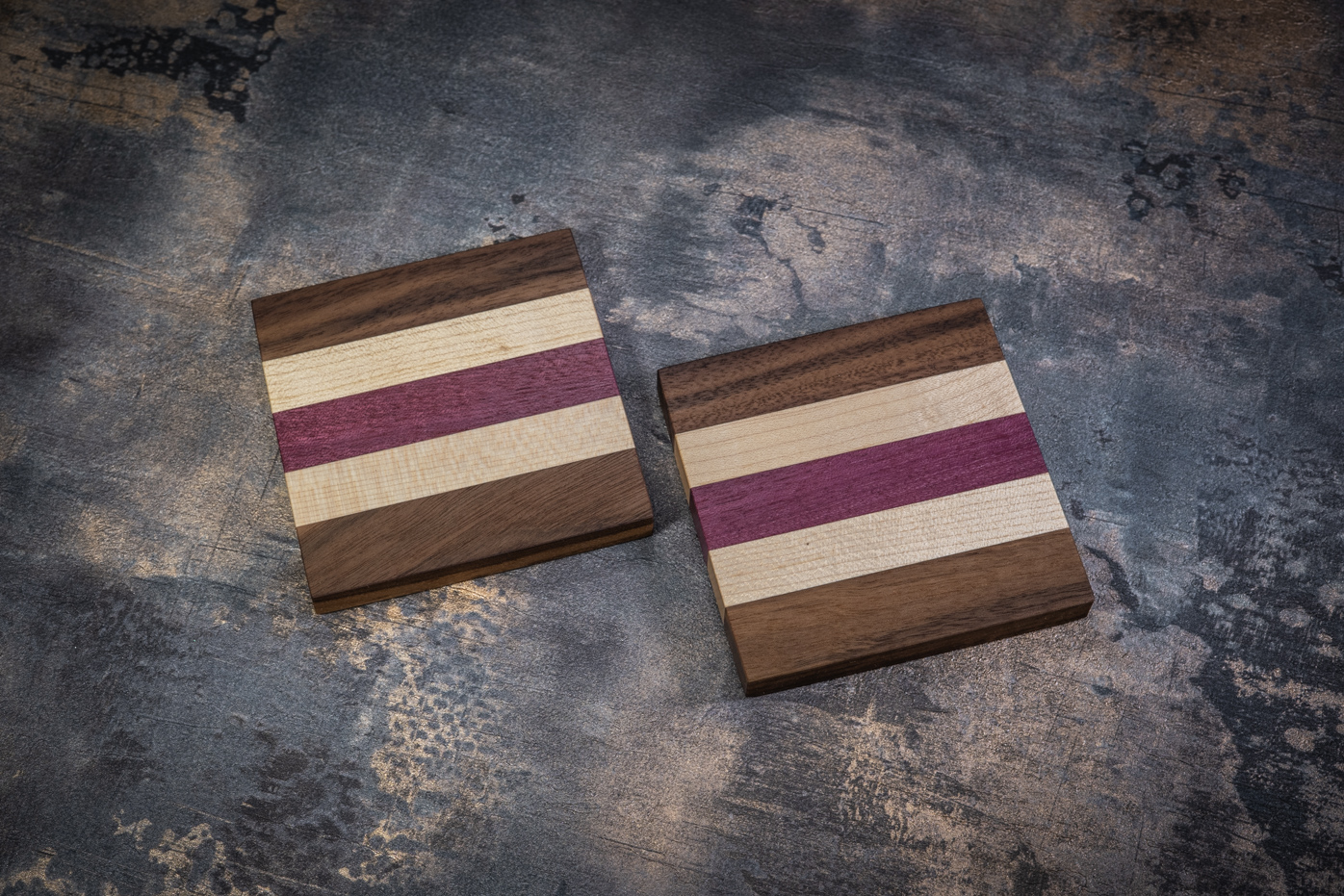 2 x Walnut, Maple & Purpleheart Coasters