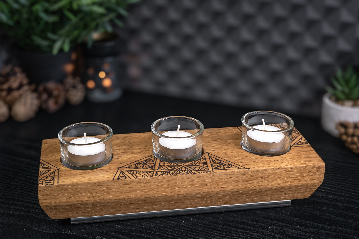 Split Mandala Engraved Solid Oak Tea Light Candle Holder 