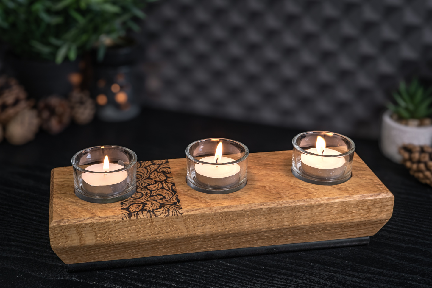 Leaves Engraved Solid Oak Tea Light Candle Holder 
