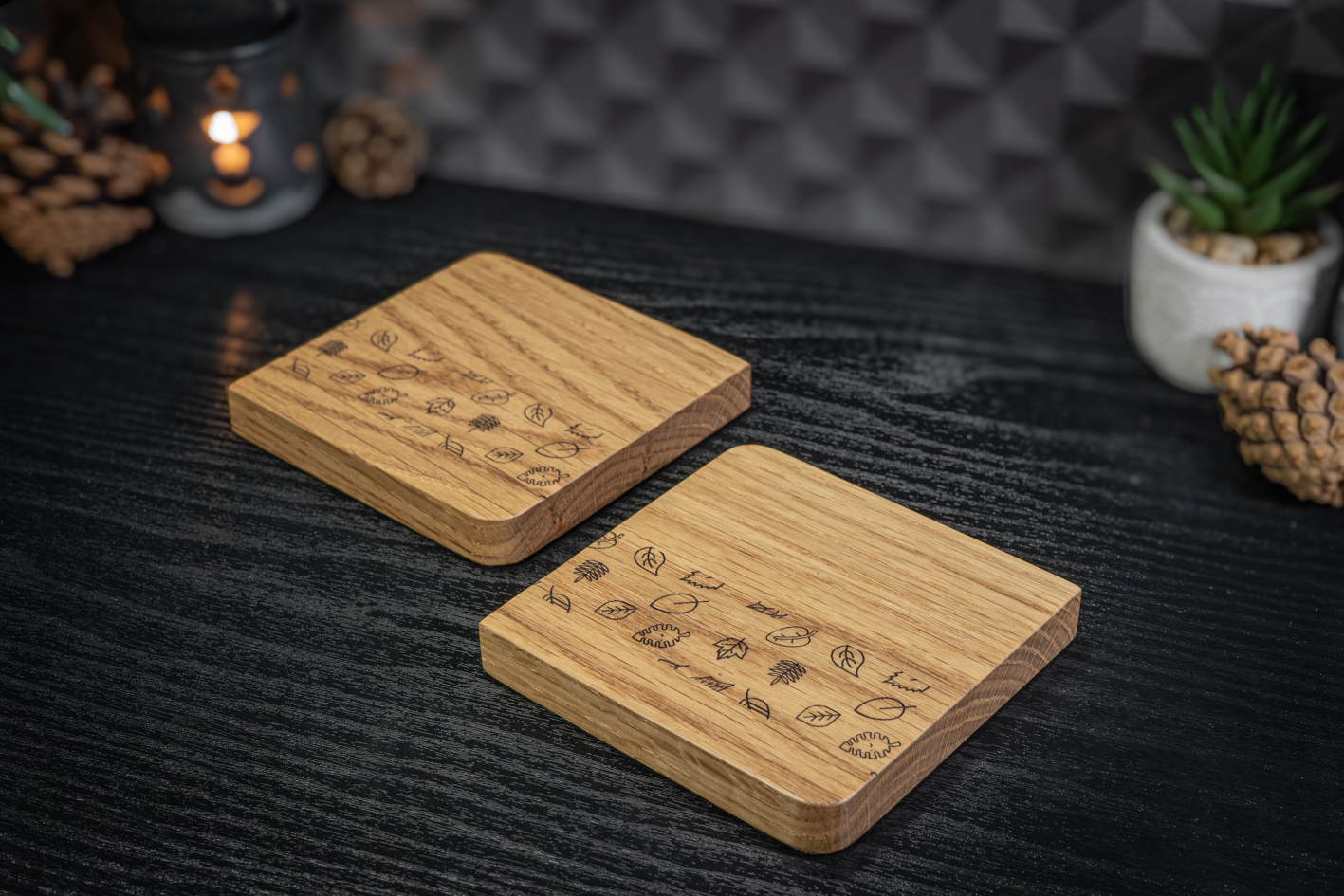 2 x Falling leaves Engraved Solid Oak Coasters