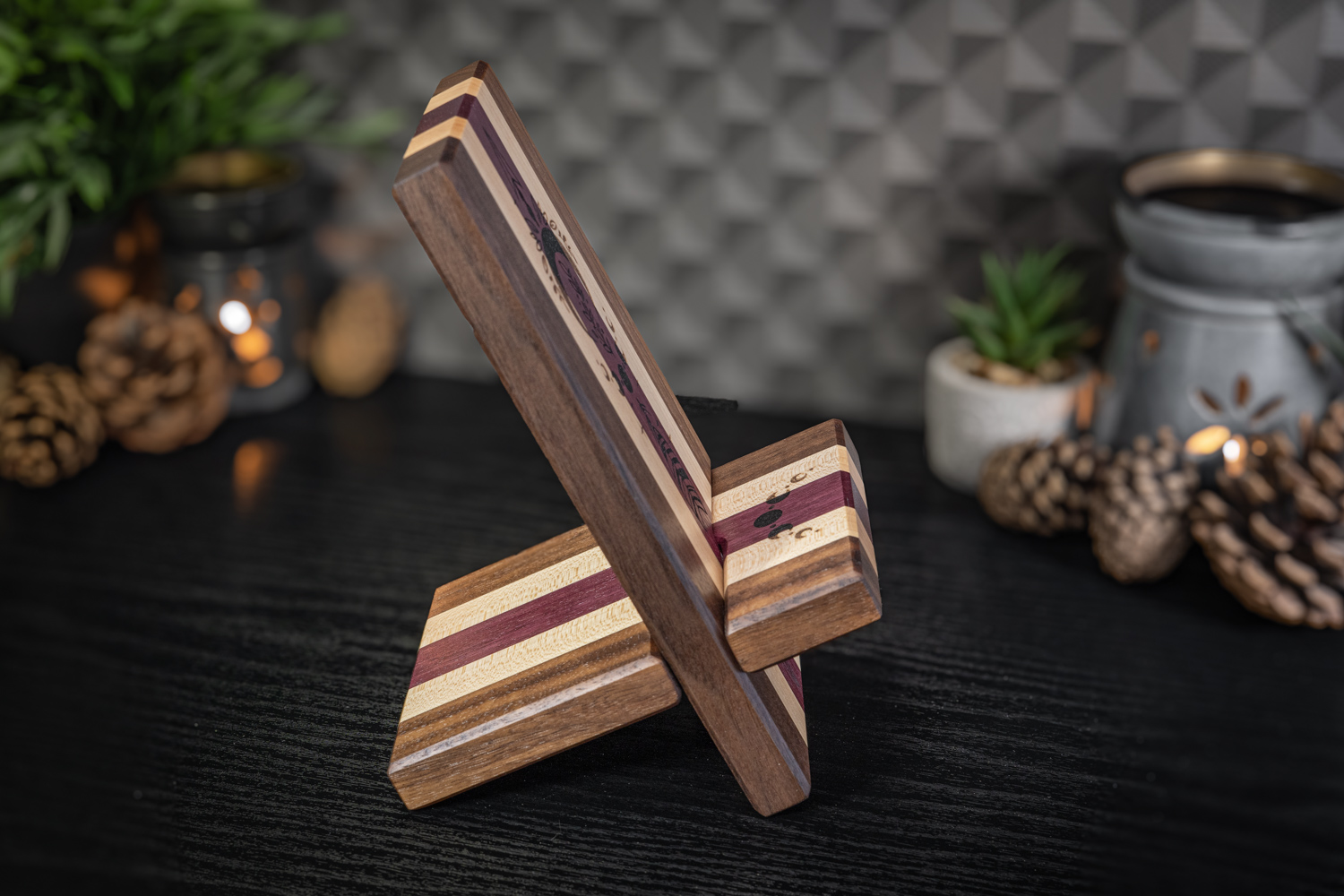 Spiritual Engraved Walnut, Maple and Purpleheart Phone Stand