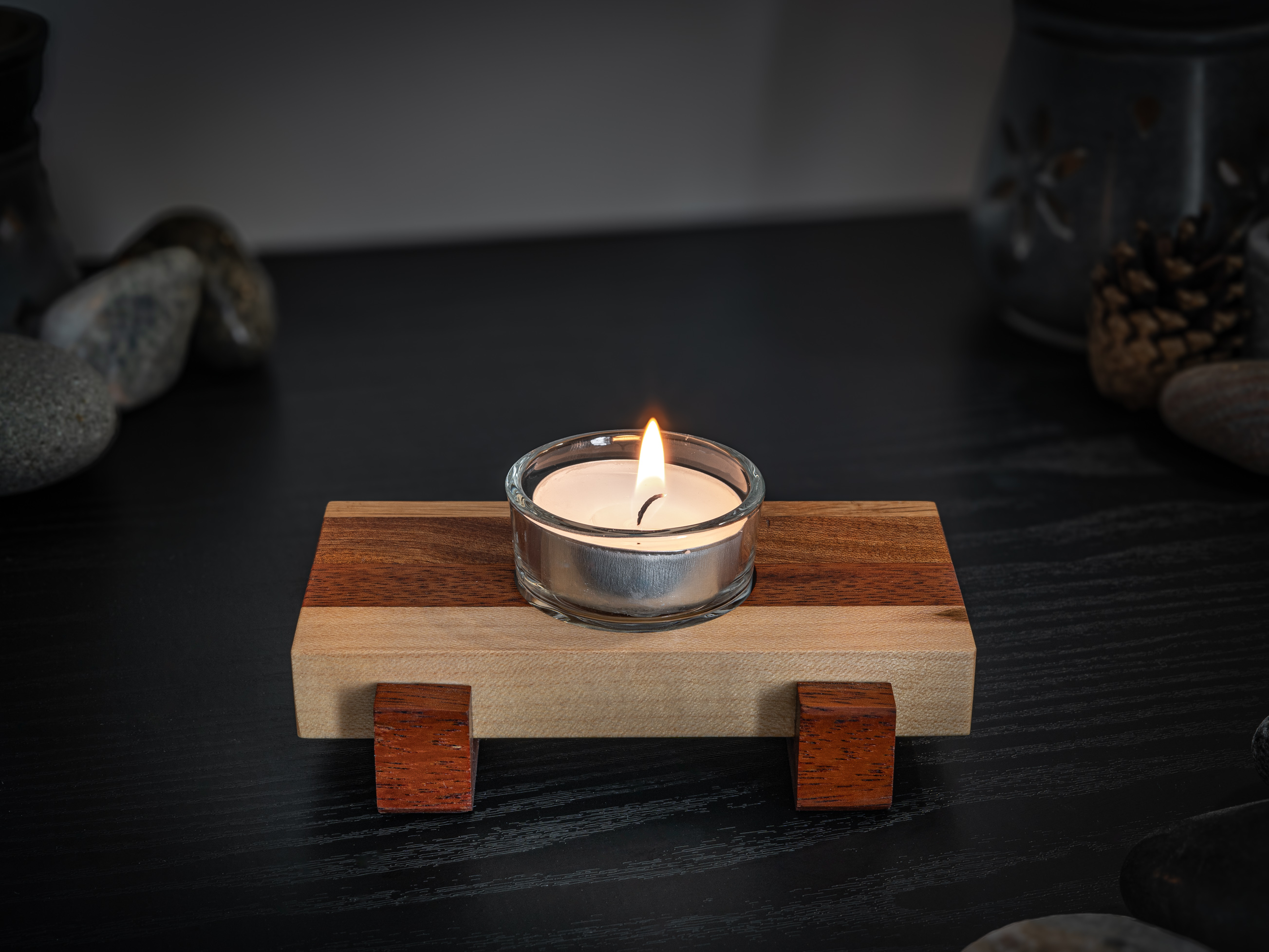 Hardwood & Glass Asian Style Tea Light Candle Holder