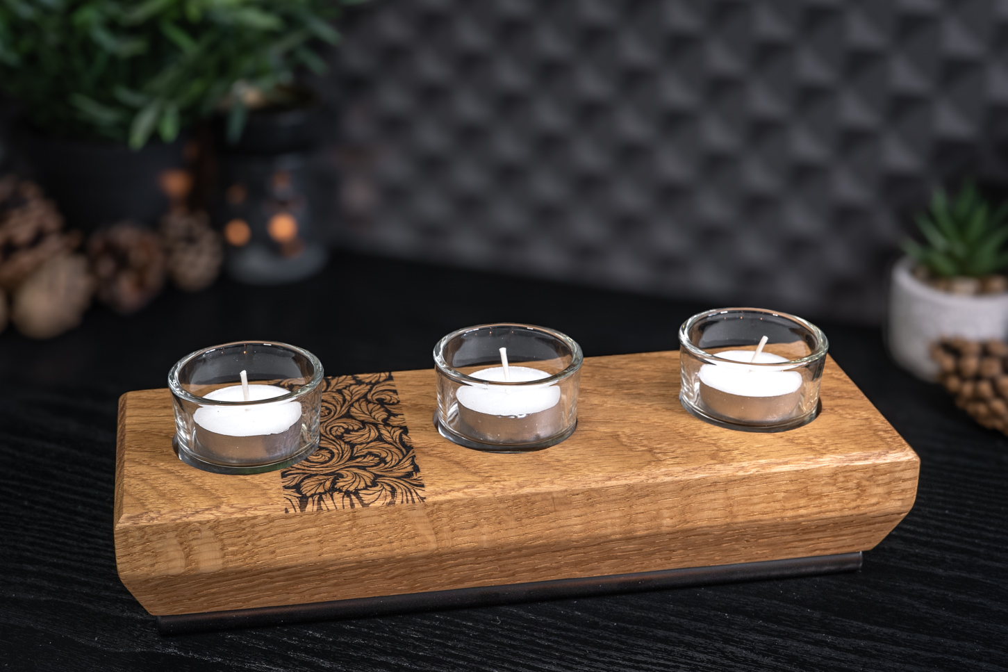 Leaves Engraved Solid Oak Tea Light Candle Holder 