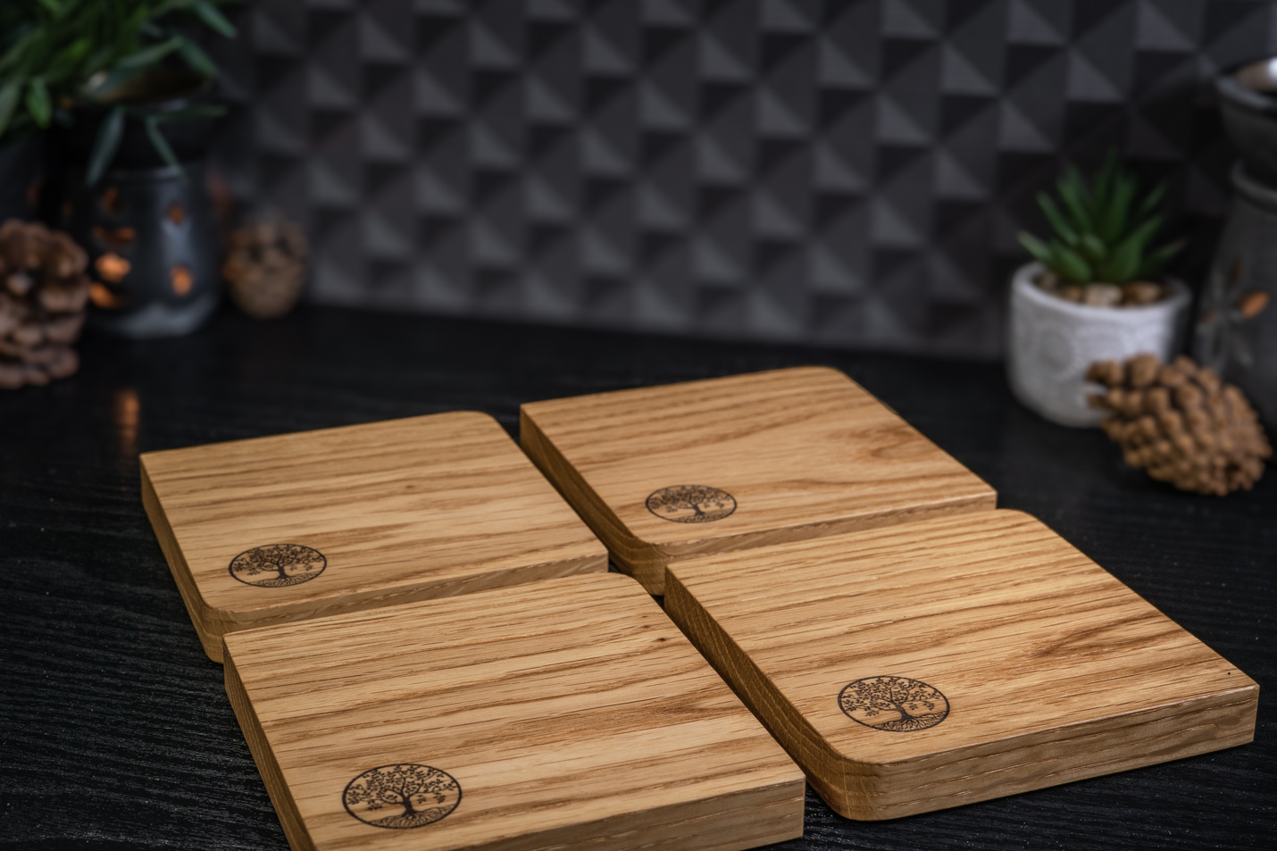 4 x Tree Engraved Solid Oak Coasters
