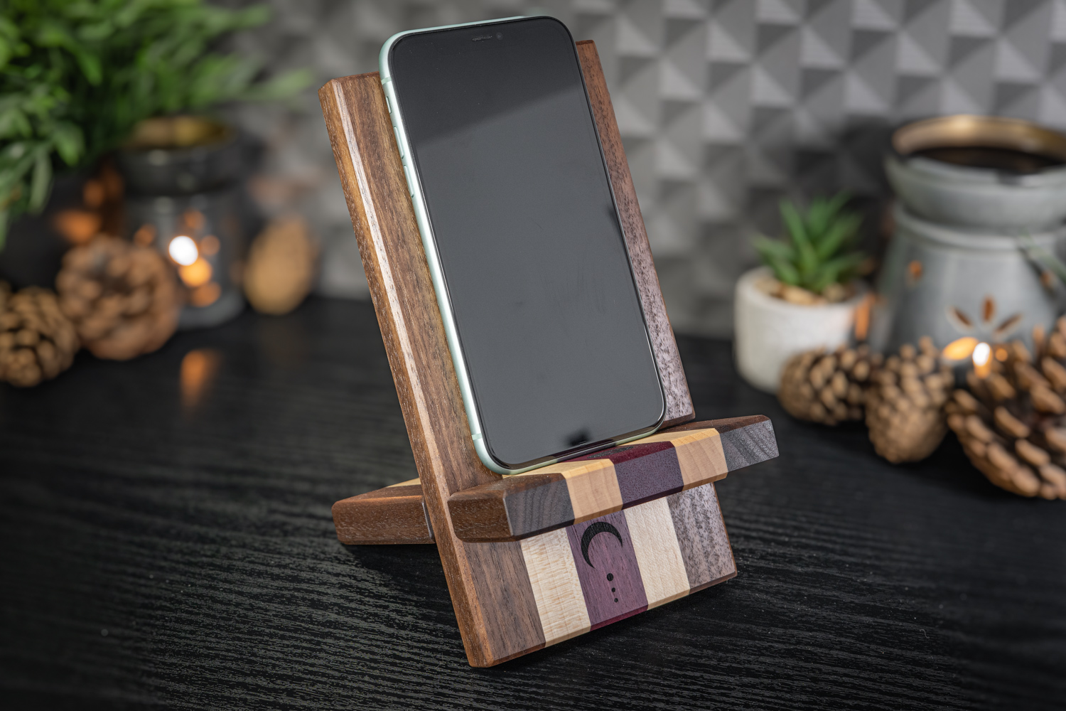 Moons Engraved Walnut, Maple and Purpleheart Phone Stand