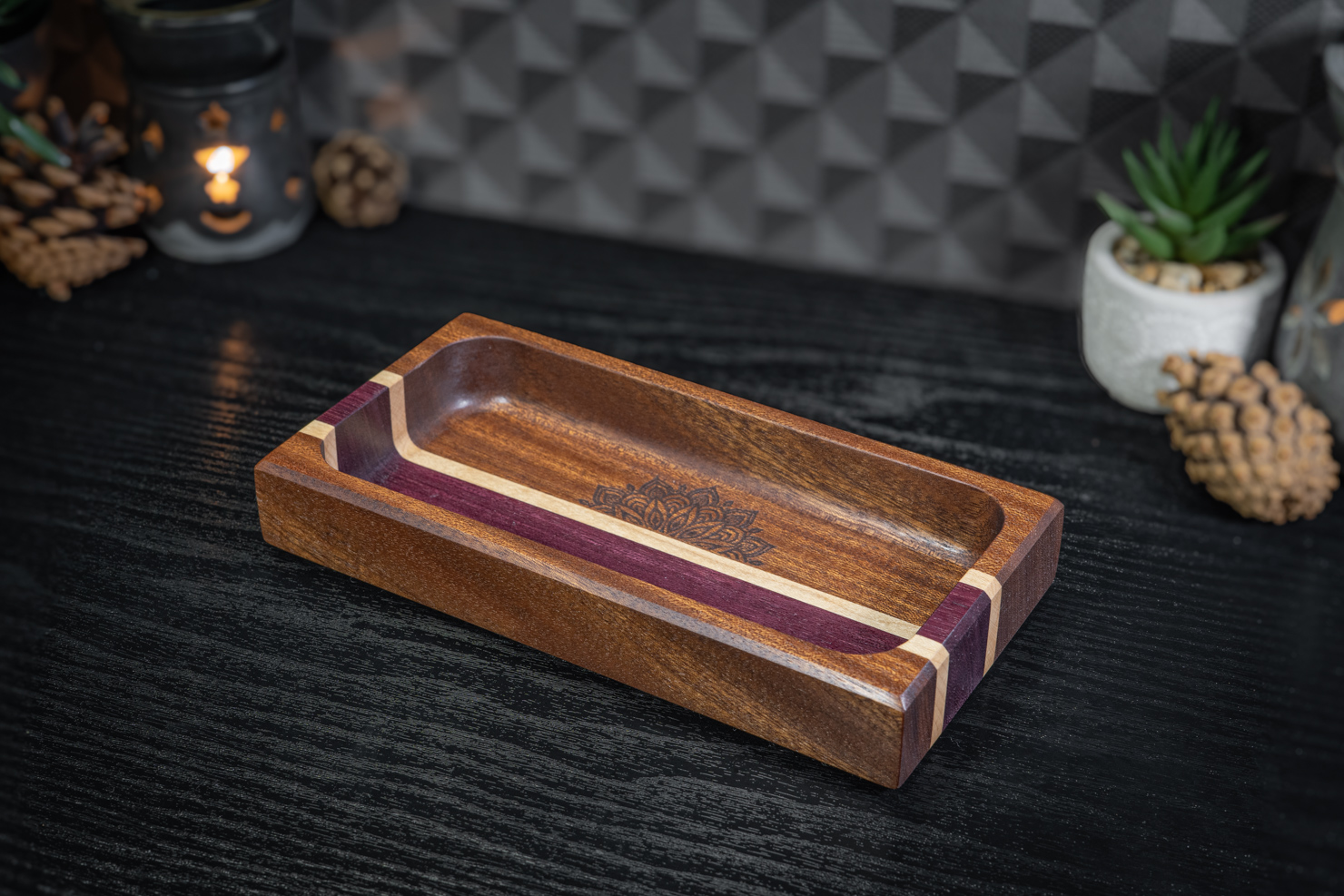 Engraved Sapele, Maple and Purpleheart Trinket Tray