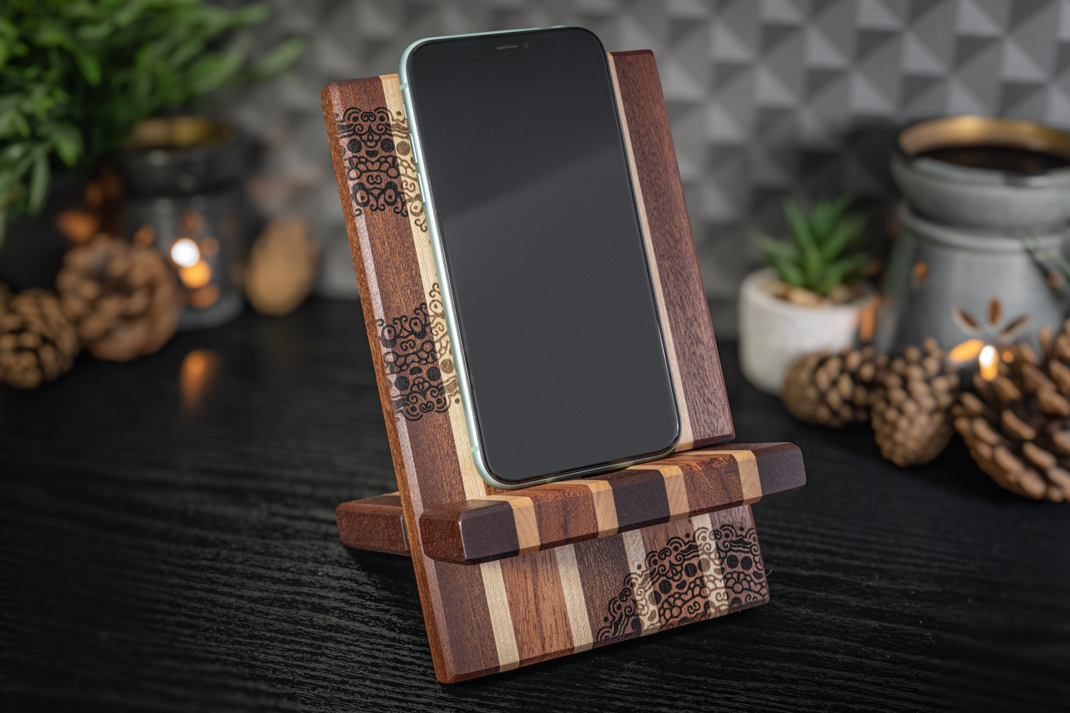 Mandala Engraved Sapele, Maple and Ebiara Phone Stand