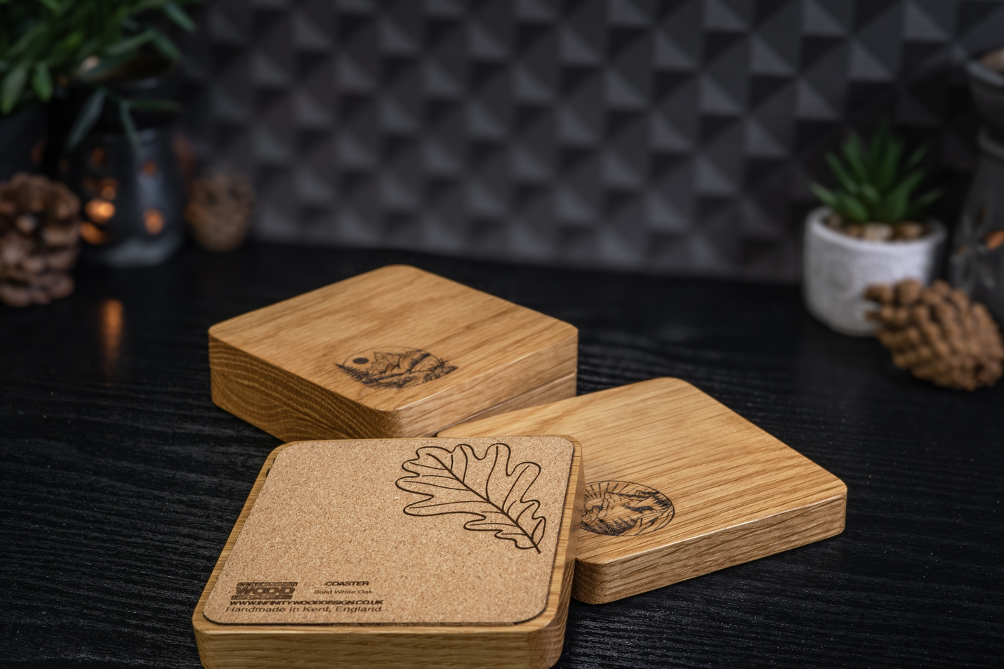 4 x Circle Nature Engraved Solid Oak Coasters