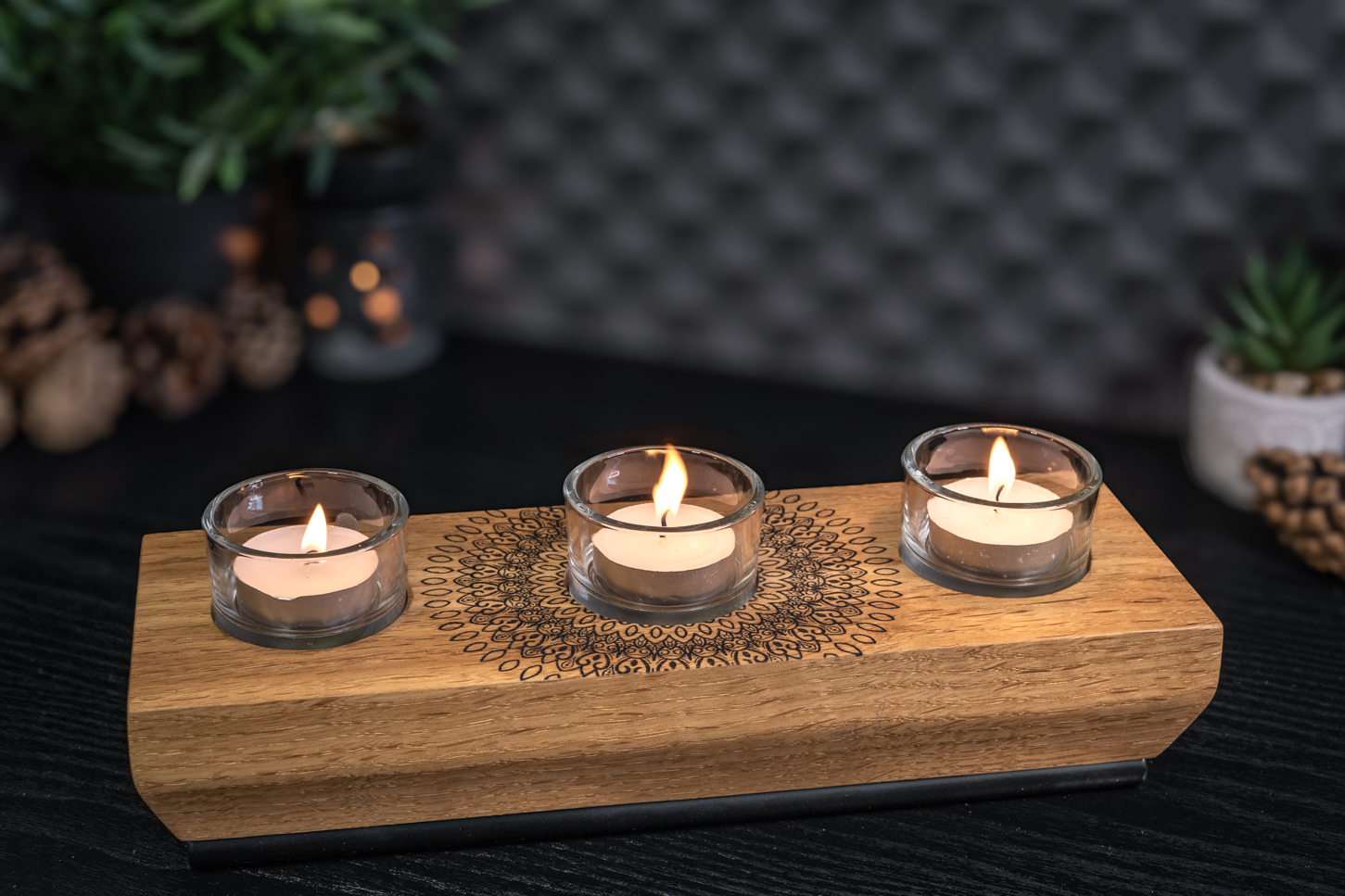 Mandala Engraved Solid Oak Tea Light Candle Holder 