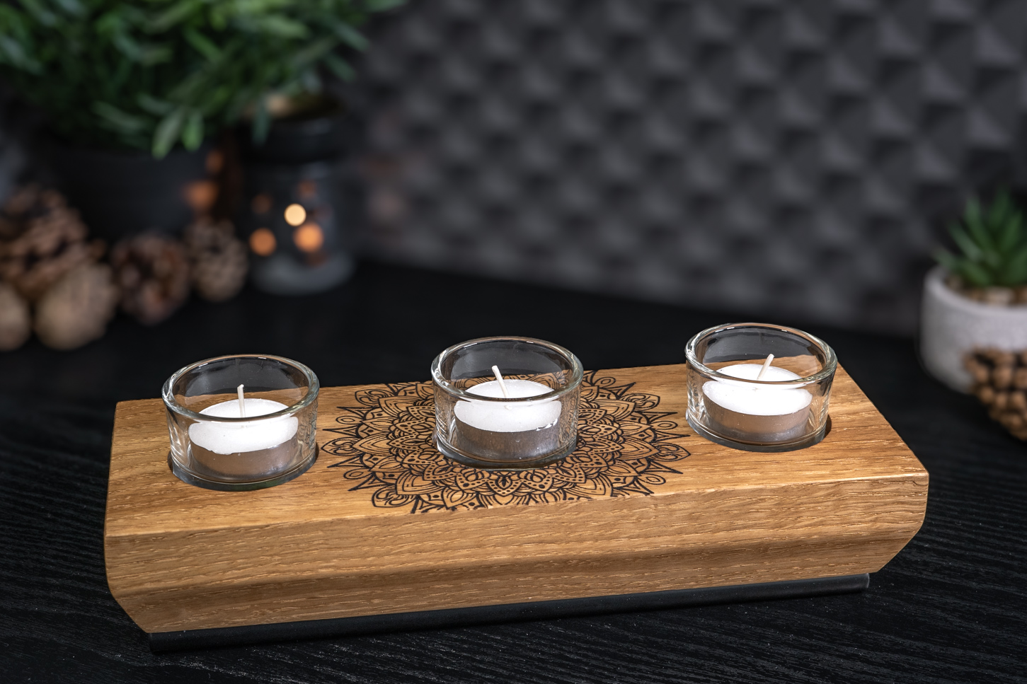 Mandala Engraved Solid Oak Tea Light Candle Holder 