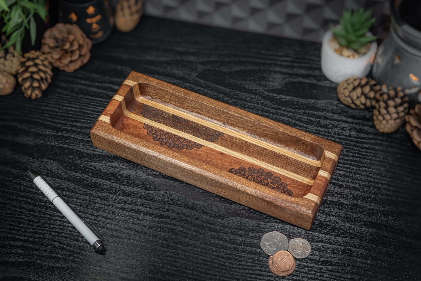 Mandala Sapele, Ash and Rosewood Engraved Long Trinket Tray