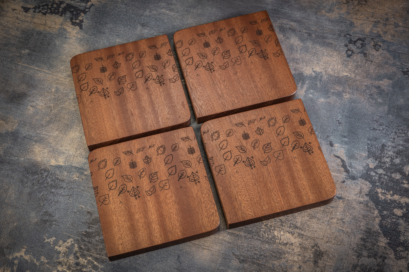4 x Falling Leaves Engraved Solid Sapele Coasters