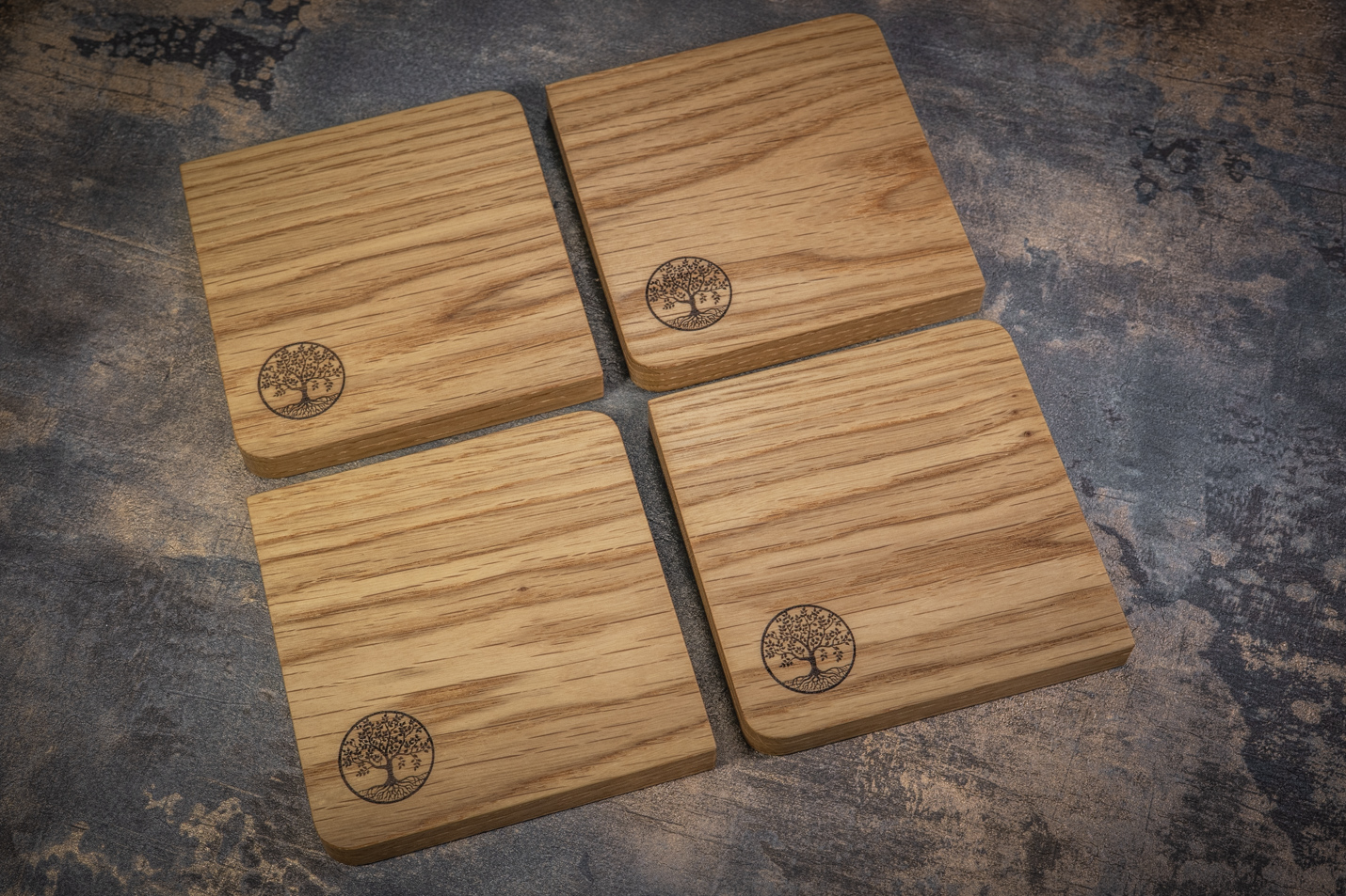 4 x Tree Engraved Solid Oak Coasters