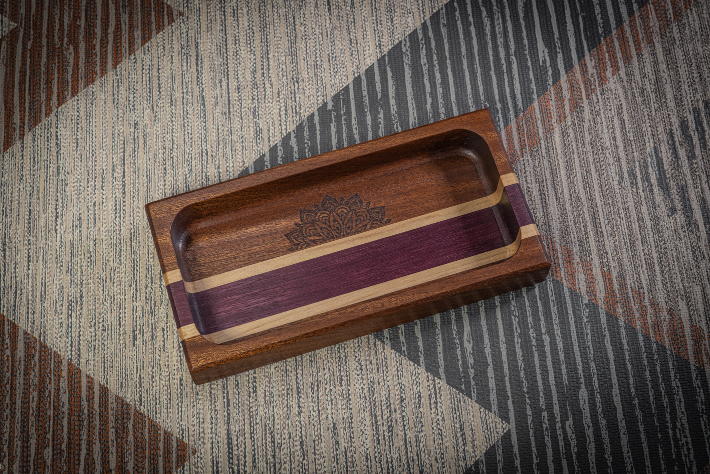 Engraved Sapele, Maple and Purpleheart Trinket Tray