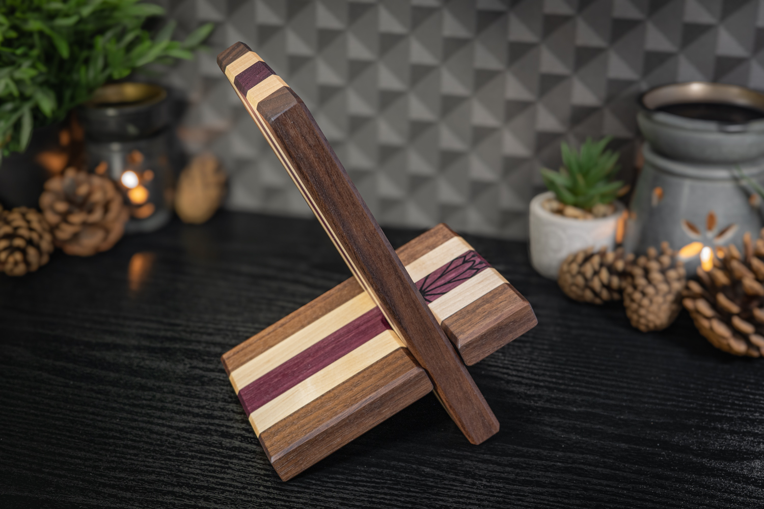 Flower Engraved Walnut, Maple and Purpleheart Phone Stand