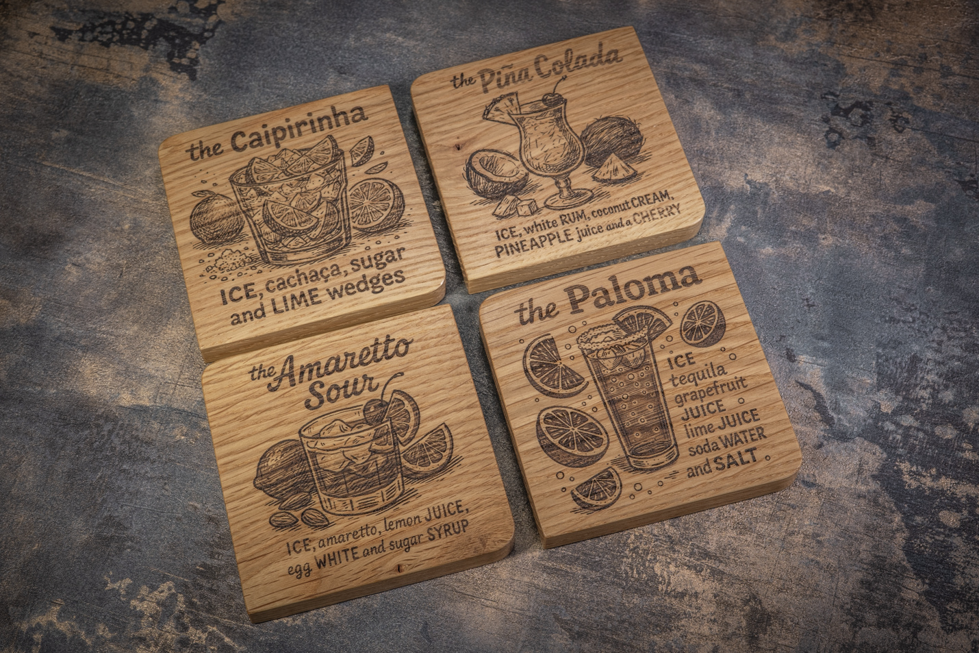 4 x Drink Engraved Solid Oak Coasters