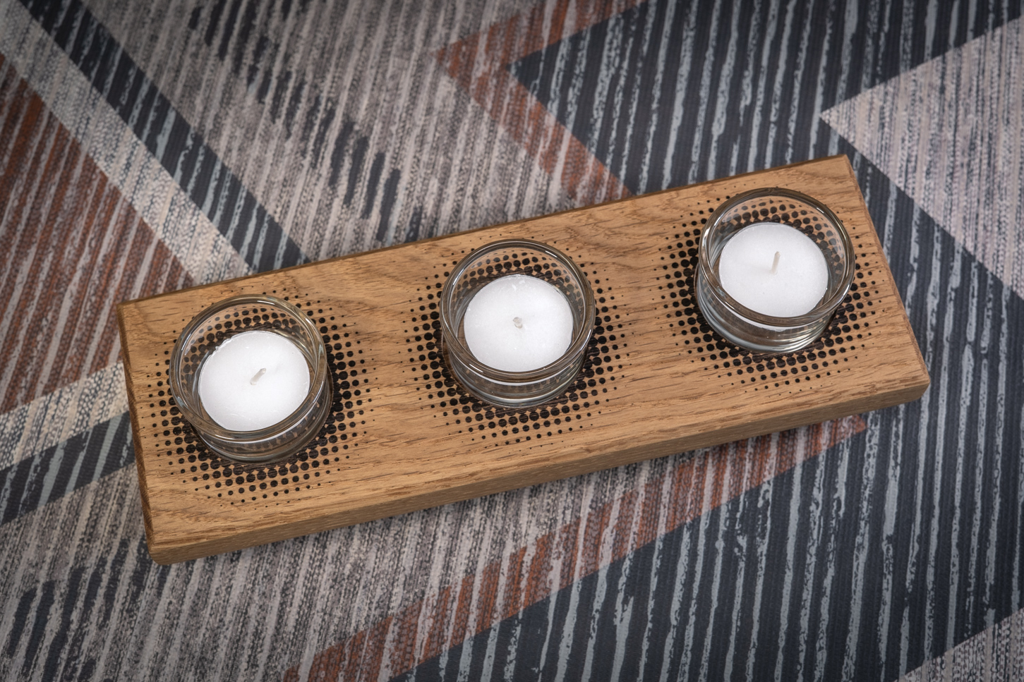 Dots Engraved Solid Oak Tea Light Candle Holder 
