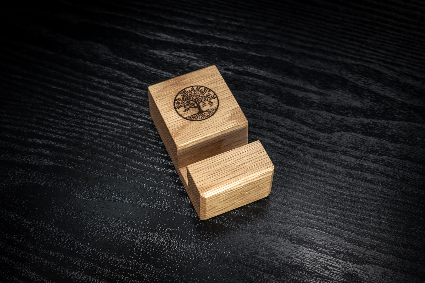 Tree Engraved Oak Phone Stand