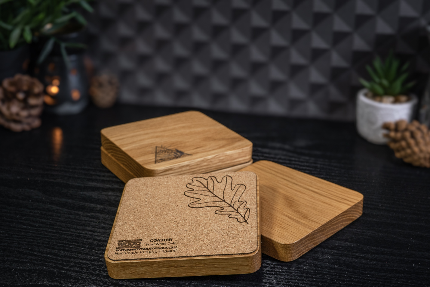 4 x Triangle Nature Engraved Solid Oak Coasters