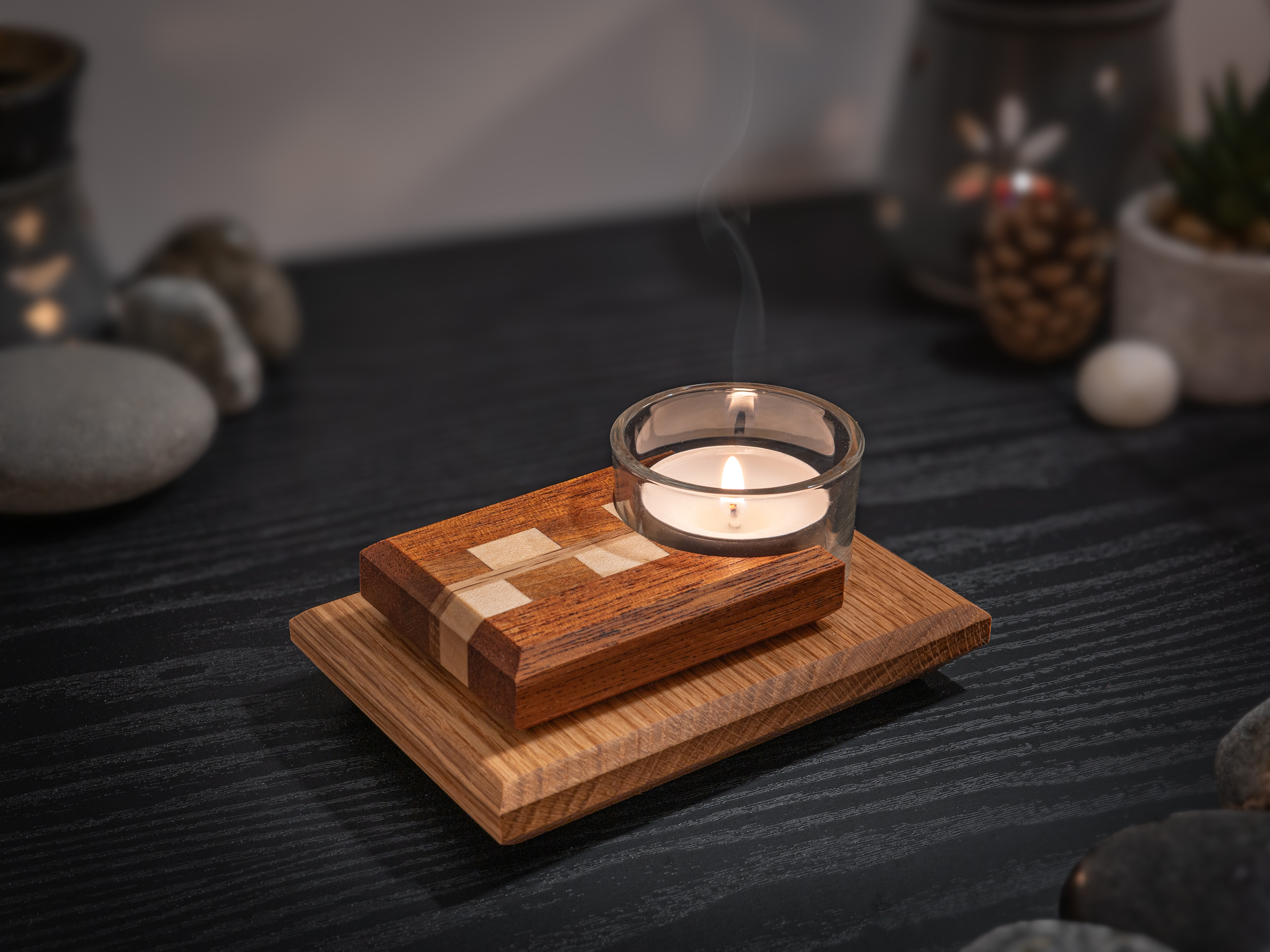 Hardwood & Glass Modern Tea Light Candle Holder