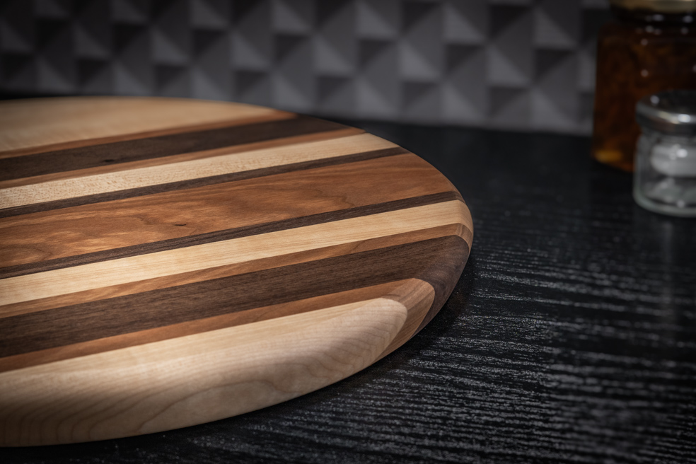 Round Walnut, Cherry and Maple Cutting Board