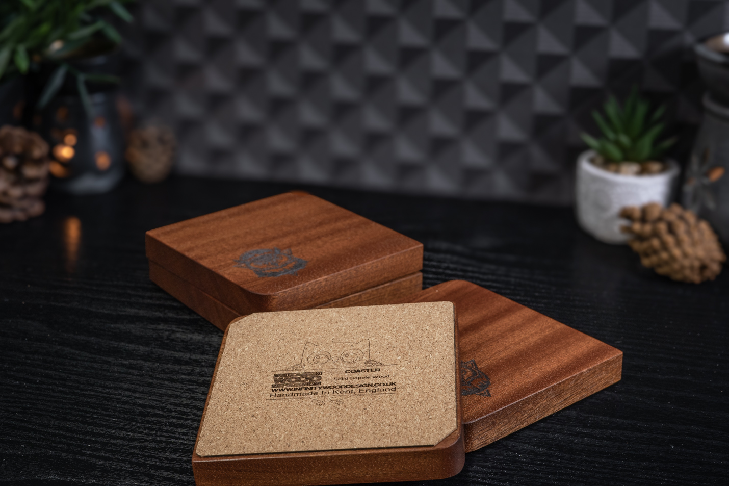 4 x Owls Engraved Solid Sapele Coasters