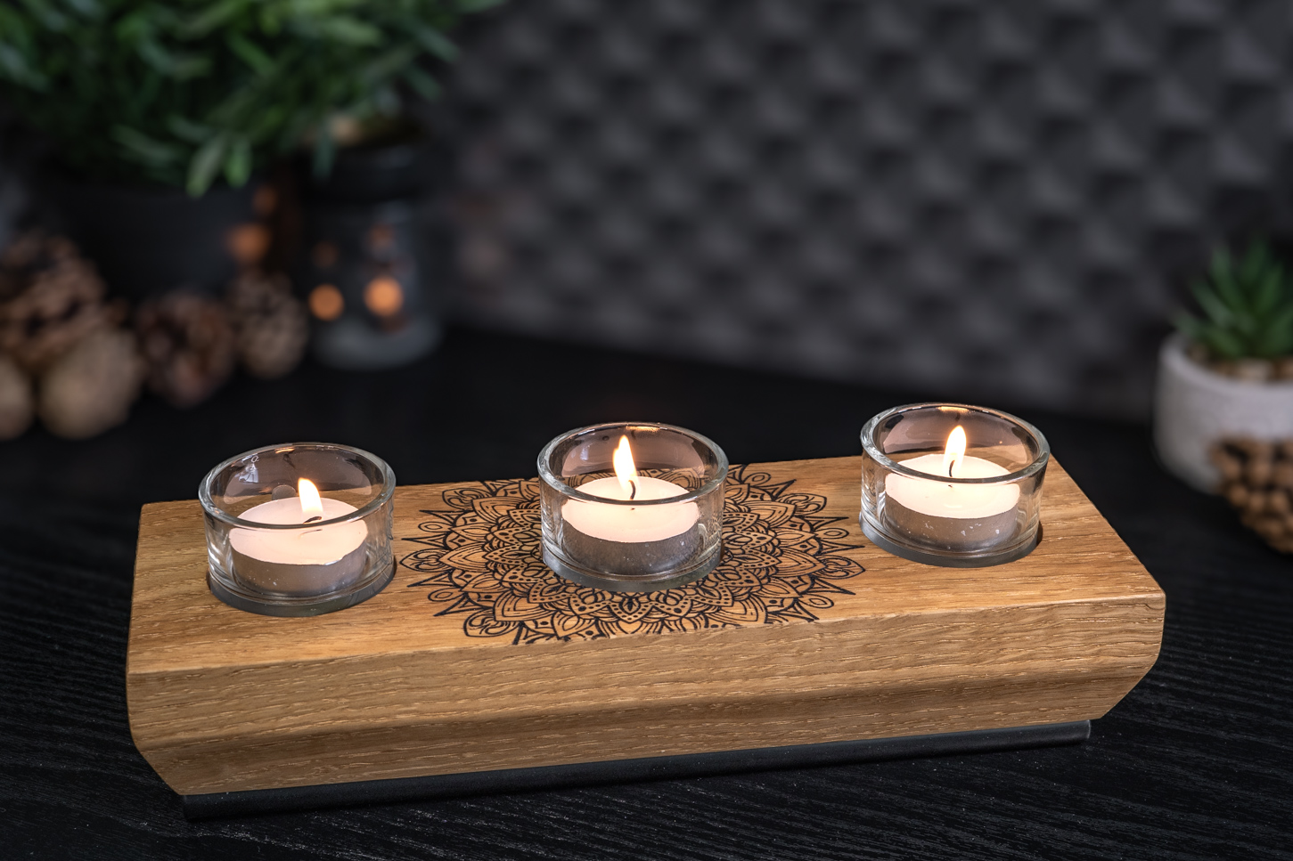 Mandala Engraved Solid Oak Tea Light Candle Holder 
