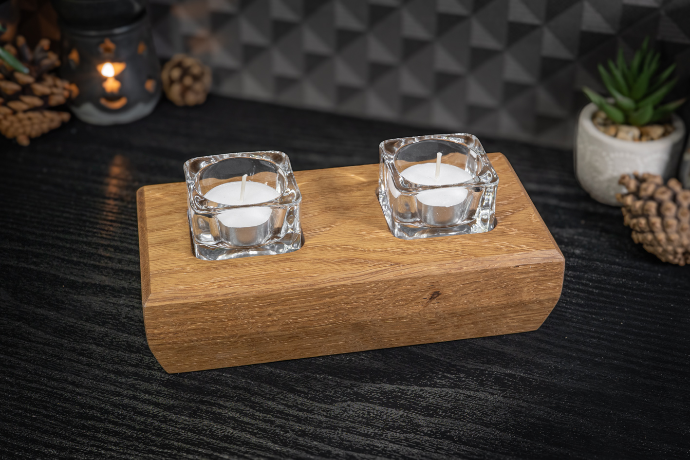 Chamfered Solid Oak Tea Light Candle Holder 