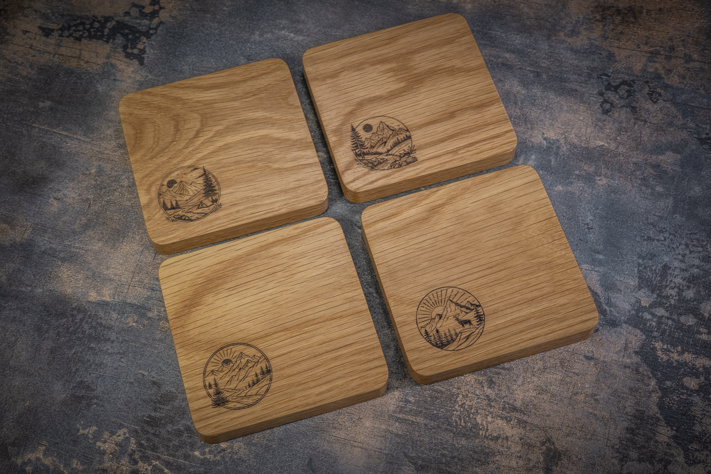 4 x Circle Nature Engraved Solid Oak Coasters