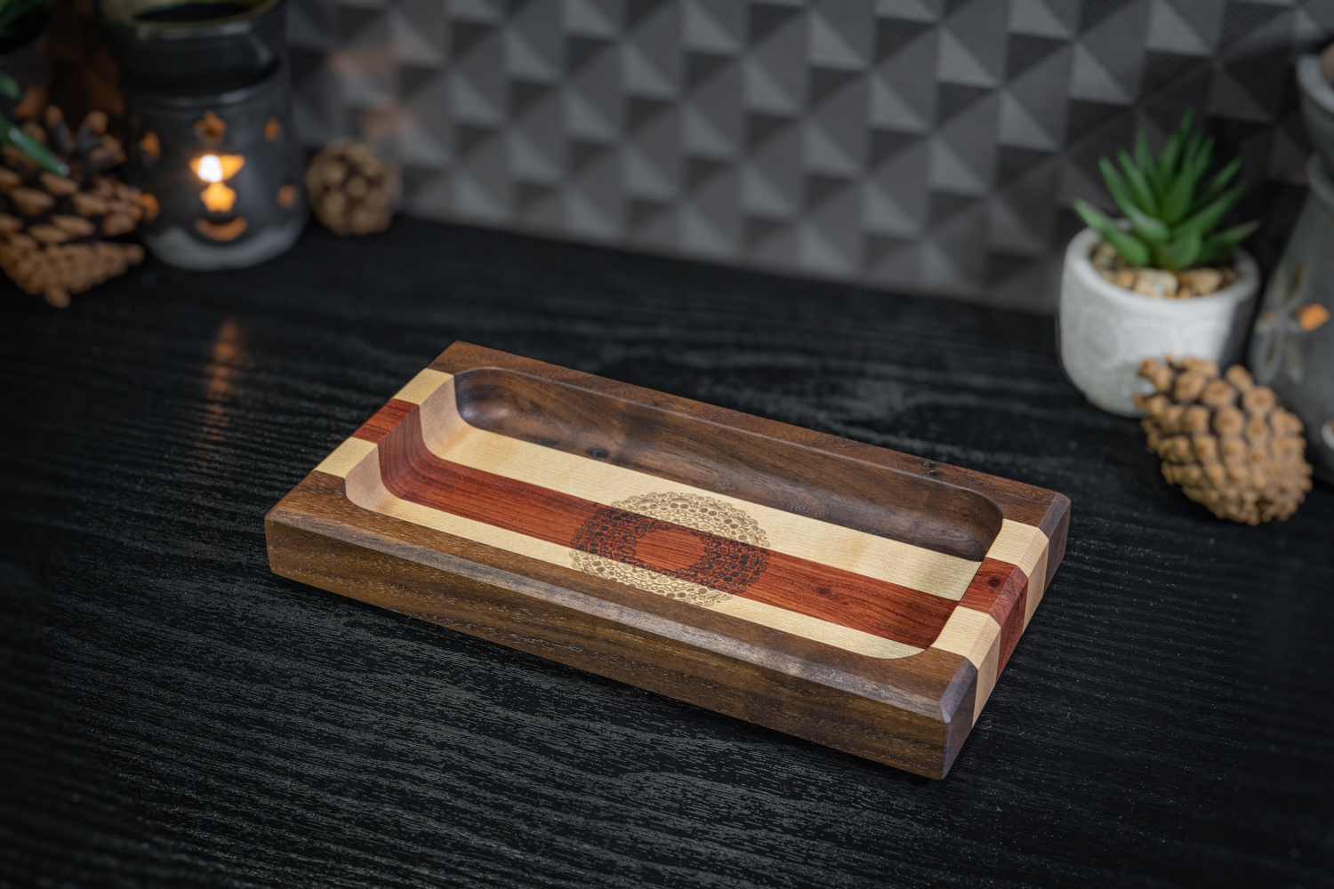 Engraved Walnut, Maple and Rosewood Trinket Tray