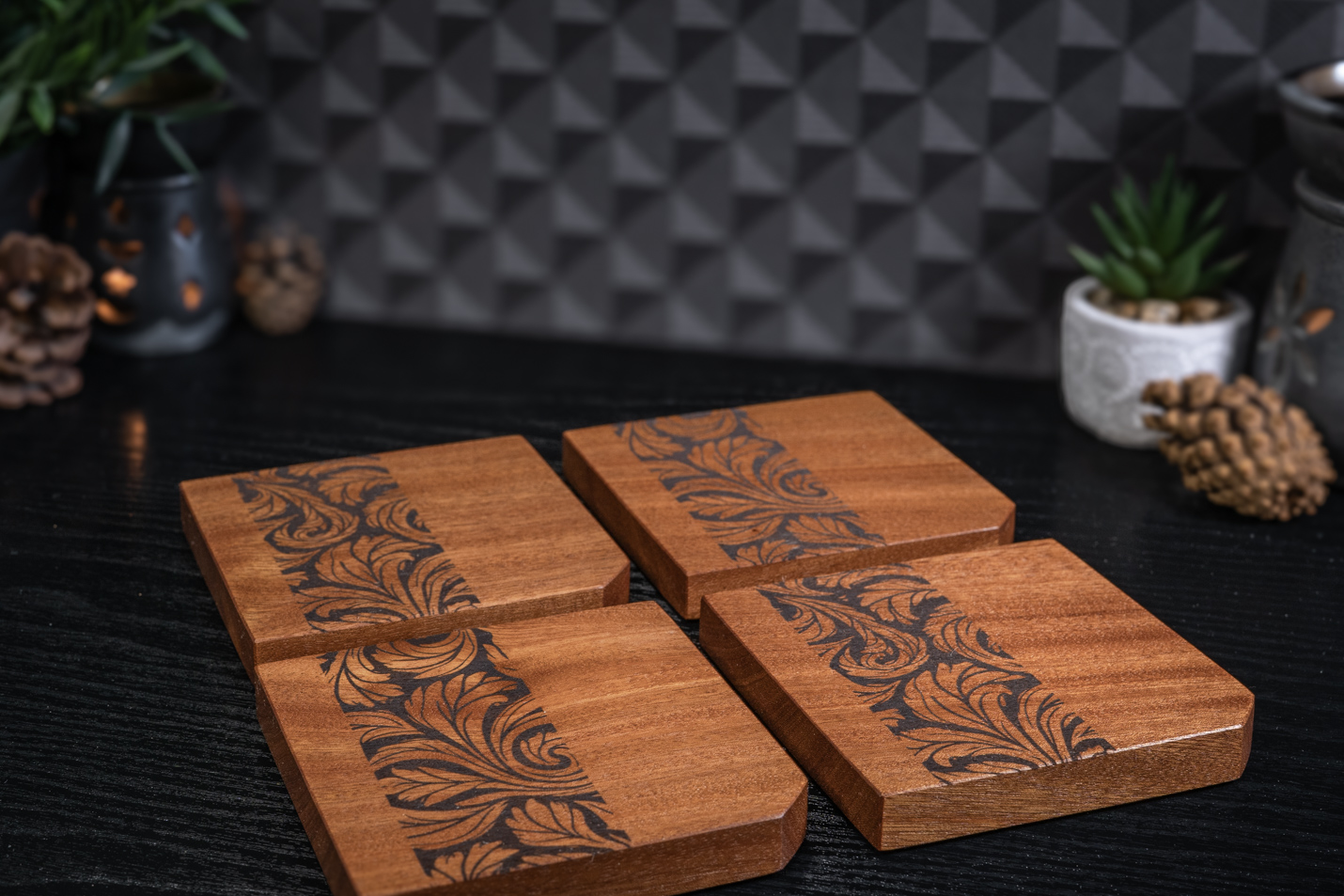 4 x Leaves Engraved Solid Sapele Coasters