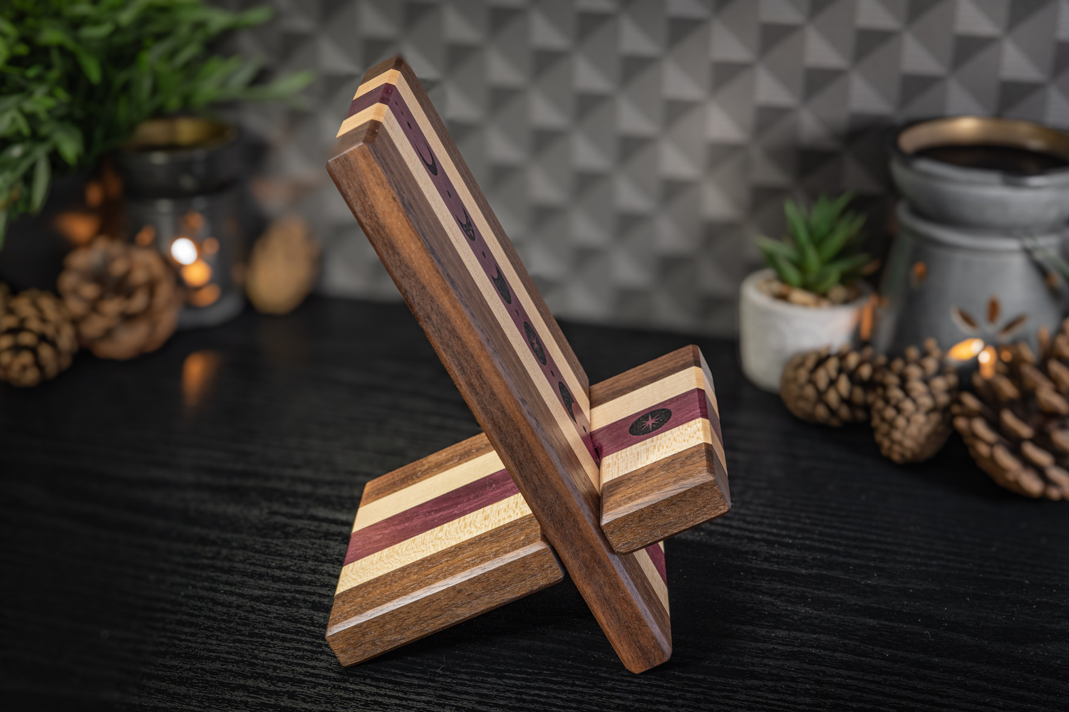 Moons Engraved Walnut, Maple and Purpleheart Phone Stand