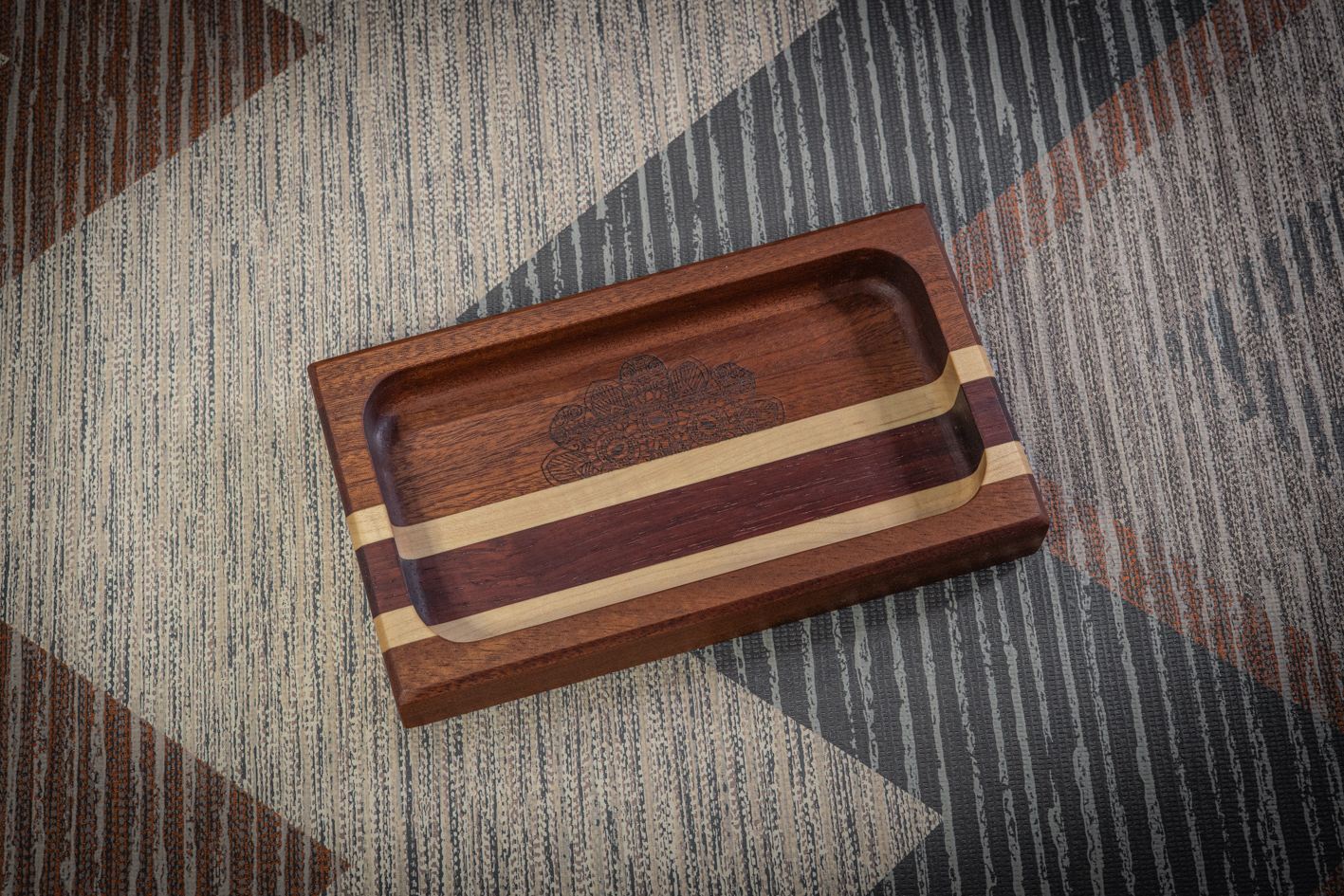 Engraved Sapele, Maple and Padauk Trinket Tray